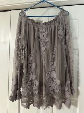 Marled Taupe Lace Off-Shoulder Blouse